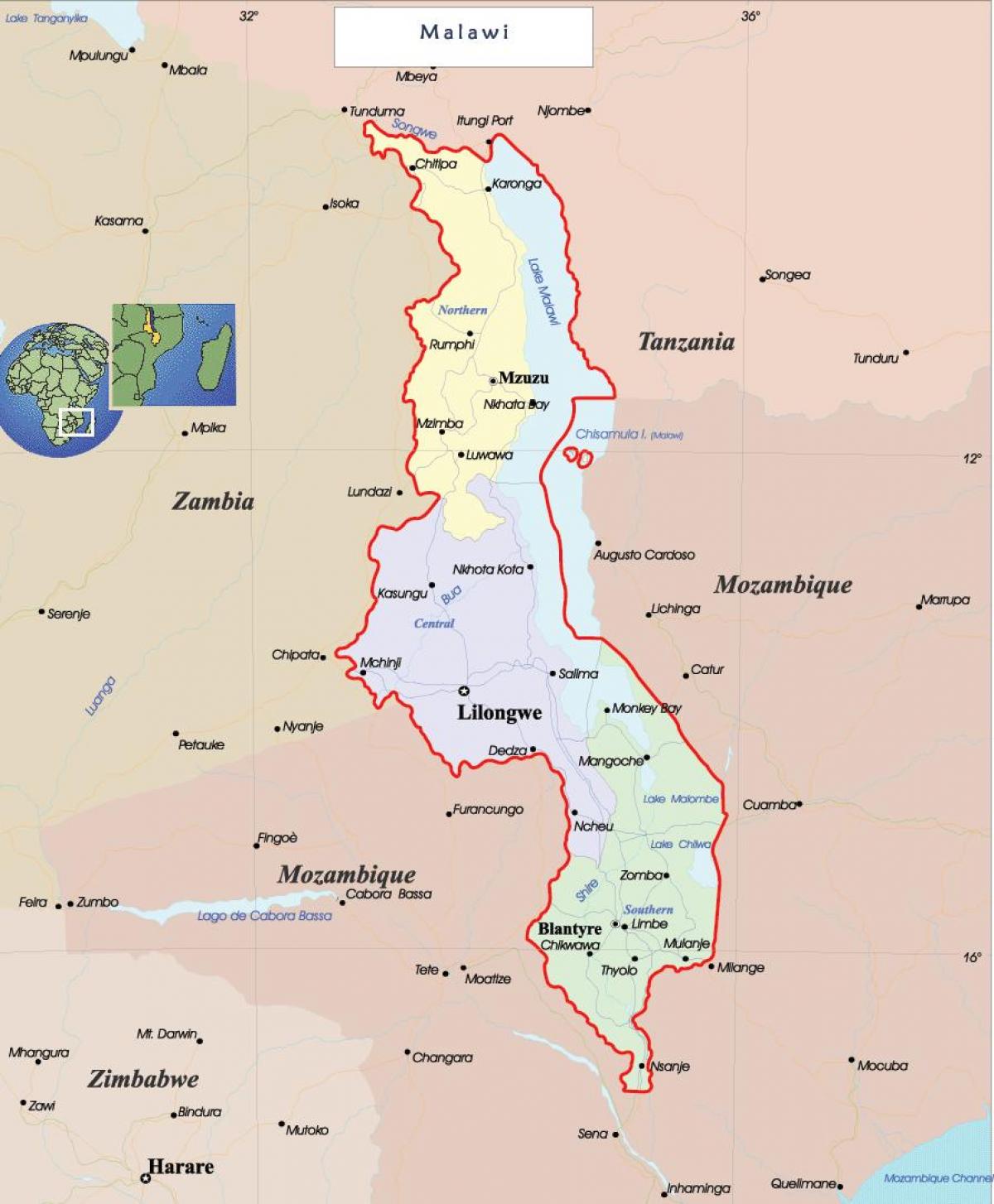 карта Малаві політичних