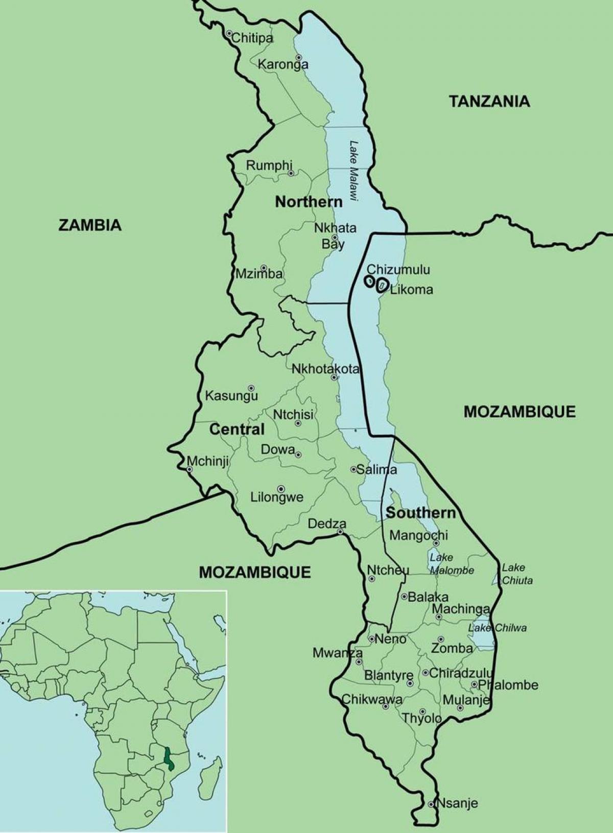 карта Малаві показує районів