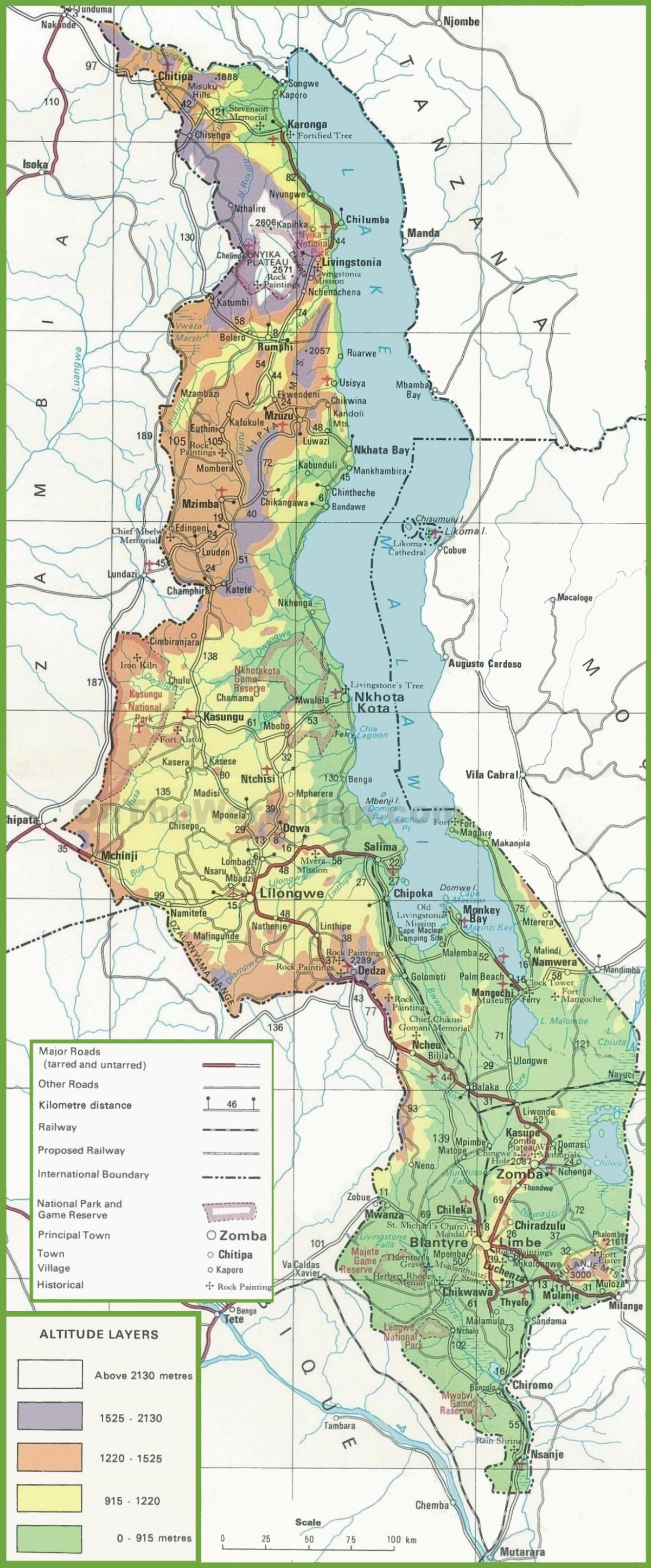 карта фізична карта Малаві
